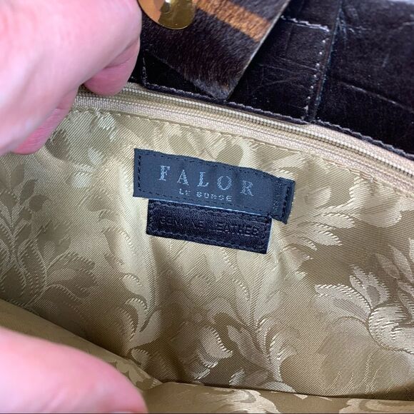 Falor Deep Brown Crocodile Embossed Leather Shoulder Bag Purse Calf Hair Strap - Picture 8 of 13